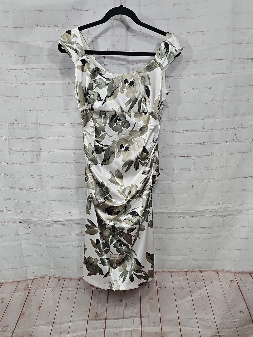 London Times Ivory Floral Off-Shoulder Midi Dress with Olive Accents
